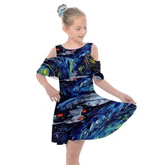 Spaceship Galaxy Parody Art Starry Night Kids  Shoulder Cutout Chiffon Dress by Sarkoni