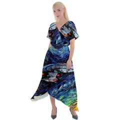 Spaceship Galaxy Parody Art Starry Night Cross Front Sharkbite Hem Maxi Dress by Sarkoni