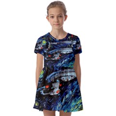 Spaceship Galaxy Parody Art Starry Night Kids  Short Sleeve Pinafore Style Dress by Sarkoni