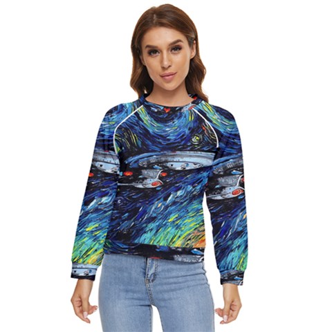 Spaceship Galaxy Parody Art Starry Night Women s Long Sleeve Raglan T-shirt by Sarkoni