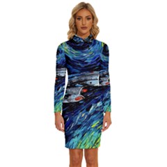 Spaceship Galaxy Parody Art Starry Night Long Sleeve Shirt Collar Bodycon Dress by Sarkoni