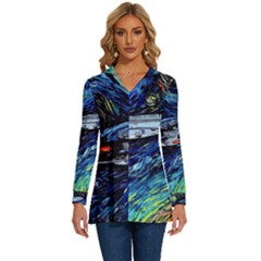 Spaceship Galaxy Parody Art Starry Night Long Sleeve Drawstring Hooded Top by Sarkoni