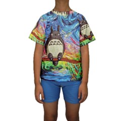 Cartoon Starry Night Art Van Gogh Parody Kids  Short Sleeve Swimwear by Sarkoni