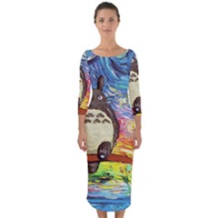 Cartoon Starry Night Art Van Gogh Parody Quarter Sleeve Midi Bodycon Dress by Sarkoni