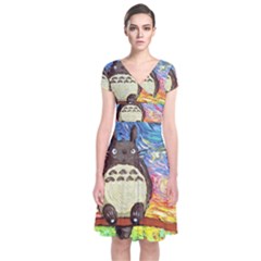 Cartoon Starry Night Art Van Gogh Parody Short Sleeve Front Wrap Dress by Sarkoni