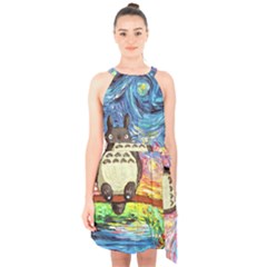 Cartoon Starry Night Art Van Gogh Parody Halter Collar Waist Tie Chiffon Dress by Sarkoni