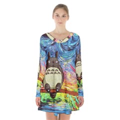 Cartoon Starry Night Art Van Gogh Parody Long Sleeve Velvet V-neck Dress by Sarkoni