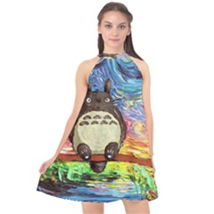 Cartoon Starry Night Art Van Gogh Parody Halter Neckline Chiffon Dress  by Sarkoni