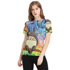 Cartoon Starry Night Art Van Gogh Parody Women s Short Sleeve Rash Guard by Sarkoni