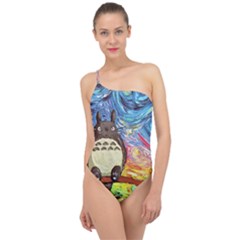 Cartoon Starry Night Art Van Gogh Parody Classic One Shoulder Swimsuit by Sarkoni