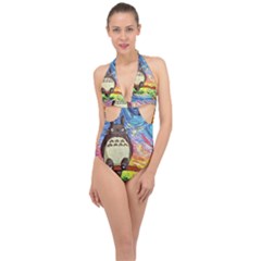 Cartoon Starry Night Art Van Gogh Parody Halter Front Plunge Swimsuit by Sarkoni