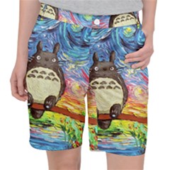 Cartoon Starry Night Art Van Gogh Parody Women s Pocket Shorts by Sarkoni