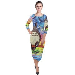 Cartoon Starry Night Art Van Gogh Parody Quarter Sleeve Midi Velour Bodycon Dress by Sarkoni