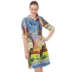 Cartoon Starry Night Art Van Gogh Parody Long Sleeve Mini Shirt Dress by Sarkoni