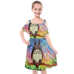 Cartoon Starry Night Art Van Gogh Parody Kids  Cut Out Shoulders Chiffon Dress by Sarkoni