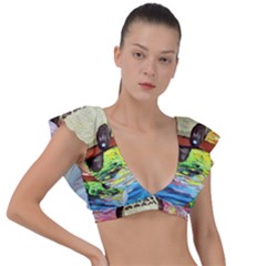 Cartoon Starry Night Art Van Gogh Parody Plunge Frill Sleeve Bikini Top by Sarkoni