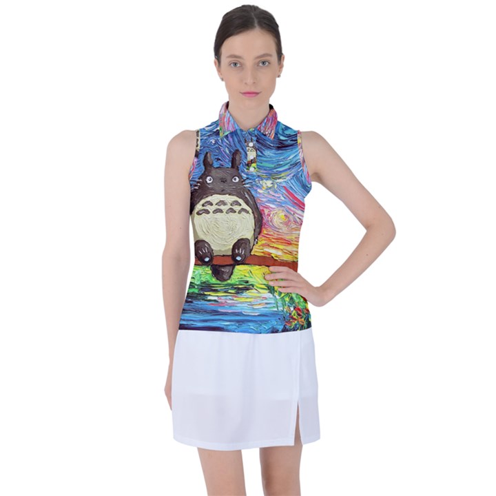 Cartoon Starry Night Art Van Gogh Parody Women s Sleeveless Polo T-Shirt