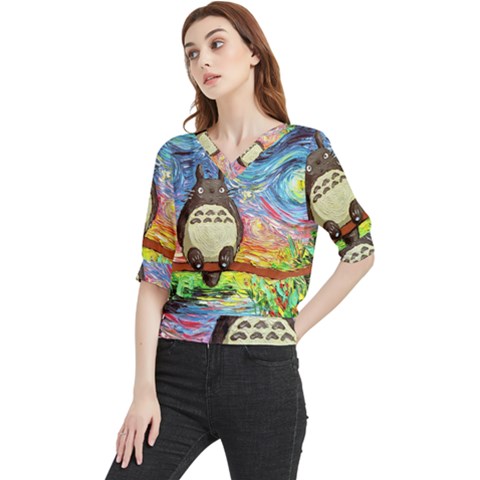 Cartoon Starry Night Art Van Gogh Parody Quarter Sleeve Blouse by Sarkoni