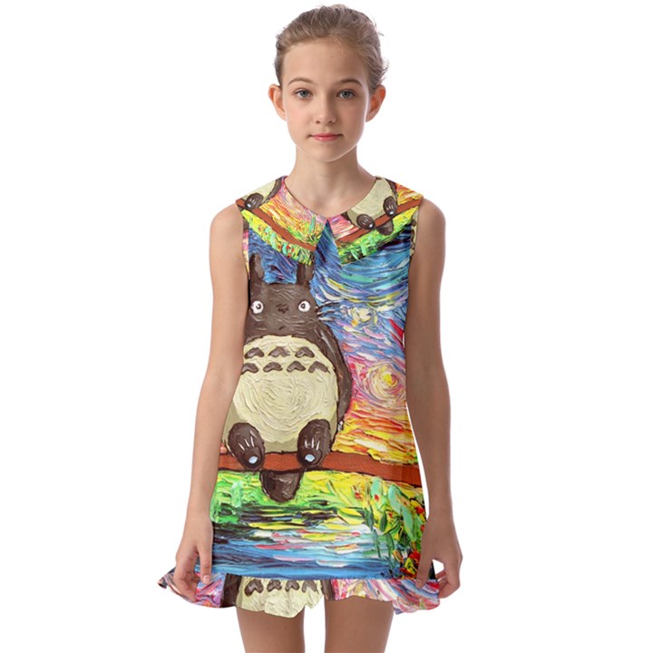 Cartoon Starry Night Art Van Gogh Parody Kids  Pilgrim Collar Ruffle Hem Dress