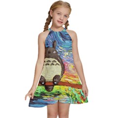 Cartoon Starry Night Art Van Gogh Parody Kids  Halter Collar Waist Tie Chiffon Dress