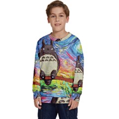 Cartoon Starry Night Art Van Gogh Parody Kids  Crewneck Sweatshirt by Sarkoni