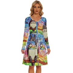 Cartoon Starry Night Art Van Gogh Parody Long Sleeve Dress With Pocket by Sarkoni