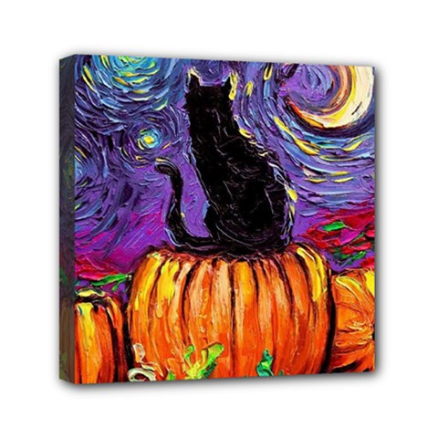 Halloween Art Starry Night Hallows Eve Black Cat Pumpkin Mini Canvas 6  X 6  (stretched)