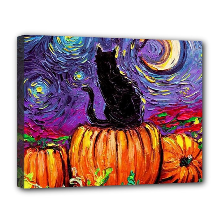 Halloween Art Starry Night Hallows Eve Black Cat Pumpkin Canvas 14  x 11  (Stretched)