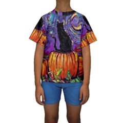 Halloween Art Starry Night Hallows Eve Black Cat Pumpkin Kids  Short Sleeve Swimwear