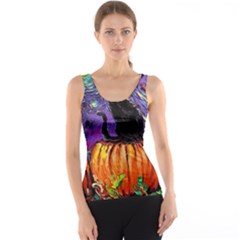 Halloween Art Starry Night Hallows Eve Black Cat Pumpkin Women s Basic Tank Top