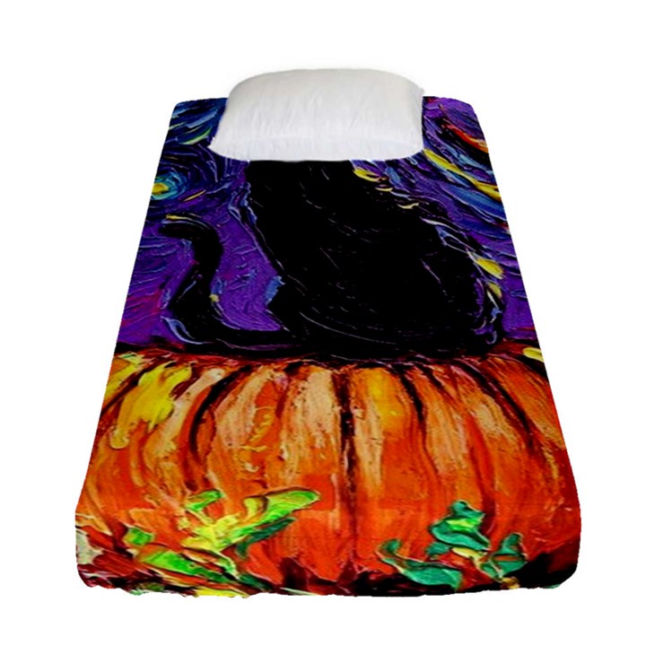 Halloween Art Starry Night Hallows Eve Black Cat Pumpkin Fitted Sheet (Single Size)