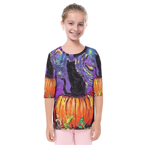 Halloween Art Starry Night Hallows Eve Black Cat Pumpkin Kids  Quarter Sleeve Raglan T-shirt by Sarkoni