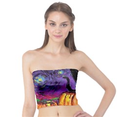 Halloween Art Starry Night Hallows Eve Black Cat Pumpkin Tube Top by Sarkoni