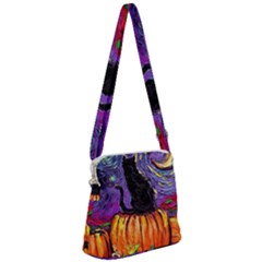 Halloween Art Starry Night Hallows Eve Black Cat Pumpkin Zipper Messenger Bag