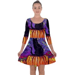 Halloween Art Starry Night Hallows Eve Black Cat Pumpkin Quarter Sleeve Skater Dress