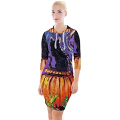 Halloween Art Starry Night Hallows Eve Black Cat Pumpkin Quarter Sleeve Hood Bodycon Dress