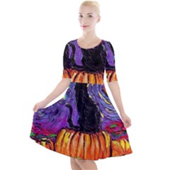 Halloween Art Starry Night Hallows Eve Black Cat Pumpkin Quarter Sleeve A-line Dress by Sarkoni