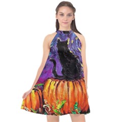 Halloween Art Starry Night Hallows Eve Black Cat Pumpkin Halter Neckline Chiffon Dress 