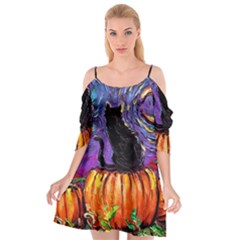 Halloween Art Starry Night Hallows Eve Black Cat Pumpkin Cutout Spaghetti Strap Chiffon Dress by Sarkoni