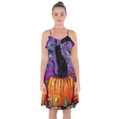 Halloween Art Starry Night Hallows Eve Black Cat Pumpkin Ruffle Detail Chiffon Dress