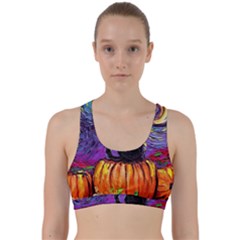 Halloween Art Starry Night Hallows Eve Black Cat Pumpkin Back Weave Sports Bra by Sarkoni