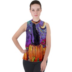 Halloween Art Starry Night Hallows Eve Black Cat Pumpkin Mock Neck Chiffon Sleeveless Top