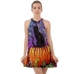 Halloween Art Starry Night Hallows Eve Black Cat Pumpkin Halter Tie Back Chiffon Dress by Sarkoni