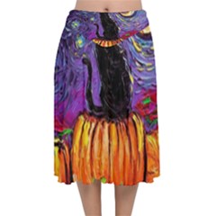 Halloween Art Starry Night Hallows Eve Black Cat Pumpkin Velvet Flared Midi Skirt