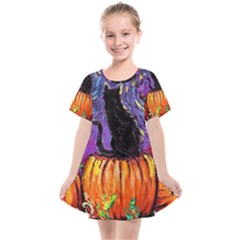 Halloween Art Starry Night Hallows Eve Black Cat Pumpkin Kids  Smock Dress by Sarkoni