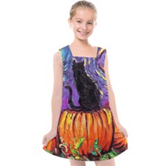 Halloween Art Starry Night Hallows Eve Black Cat Pumpkin Kids  Cross Back Dress by Sarkoni