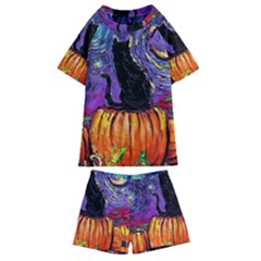 Halloween Art Starry Night Hallows Eve Black Cat Pumpkin Kids  Swim T-shirt And Shorts Set