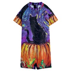 Halloween Art Starry Night Hallows Eve Black Cat Pumpkin Kids  Boyleg Half Suit Swimwear