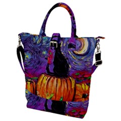 Halloween Art Starry Night Hallows Eve Black Cat Pumpkin Buckle Top Tote Bag by Sarkoni