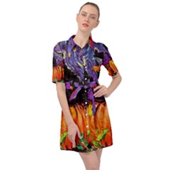 Halloween Art Starry Night Hallows Eve Black Cat Pumpkin Belted Shirt Dress